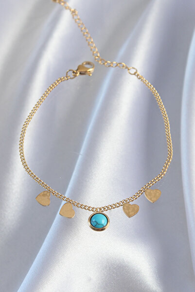 Lisinya سوار من الفولاذ 316L ذهبي اللون بتصميم قلب صغير وحجر أزرق -