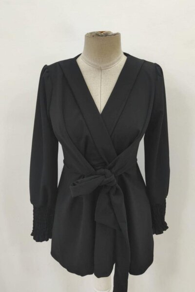 Mossta Double Breasted Collar Tie Detail Imported Crepe Blouse - Black