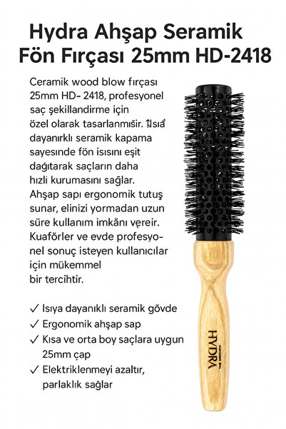 Hydra Ahşap Saplı Seramik Fön Fırçası 25mm HD-2418 – Profesyonel Saç Şekillendirme Fırçası