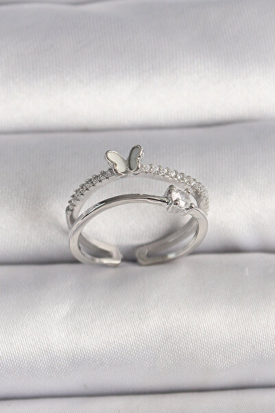 Lisinya خاتم نحاسي فضي اللون مرصع بحجر الزركون على شكل فراشة قابل للتعديل - T...