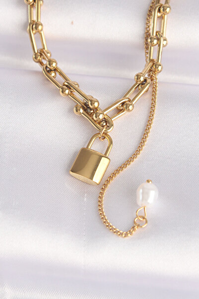 Lisinya 316L Steel Chain Gold Color Chain with Love Written Lock Pendant -