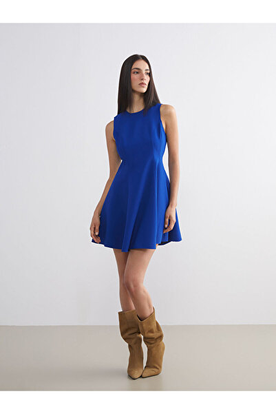 LC Waikiki Lcw Vision Blue Crew Neck Waist-Fitted Mini Dress