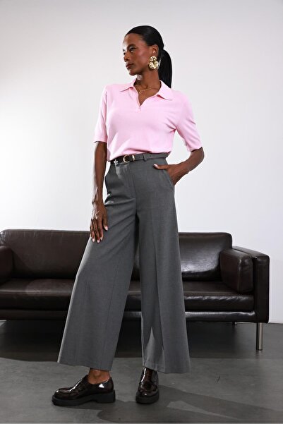 5in1Canpolat Gray Pleatless Straight Cut Fabric Trousers 5190