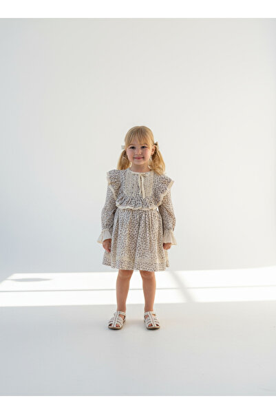 Magu Girls' Floral Print Ruffle Detail Long Sleeve Cotton Dress - Beige