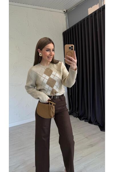 elif teke Striped Textured Knit Sweater Beige