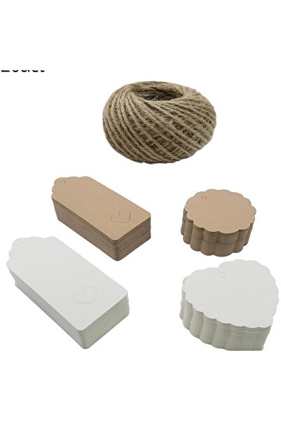 naturevo 200 Adet Kraft Ve Beyaz Hediye Etiketi 30m Jüt İp Kalp Ve Yuvarlak Tasarım