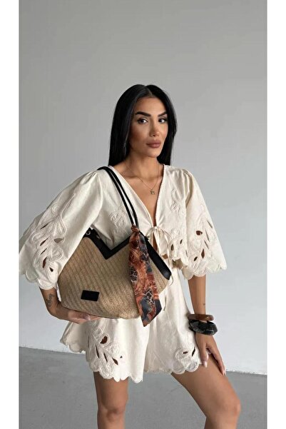 DMDBAGS حقيبة كتف وشاطئ كبيرة الحجم من القش الأسود - مع وشاح كهدية وتفاصيل من...