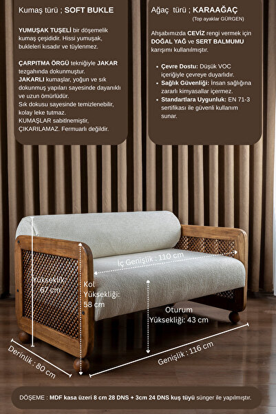 Aberteka ANİTA Ahşap Hazeranlı Bukle Kumaş İkili Koltuk