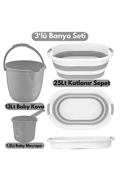 PONÇİK STORE 3’lü Bebek Banyo Seti - Bebek Yıkama Sepet- Su Kovası - Maşrapa RENKLİ Bebek Yıkama Takımı