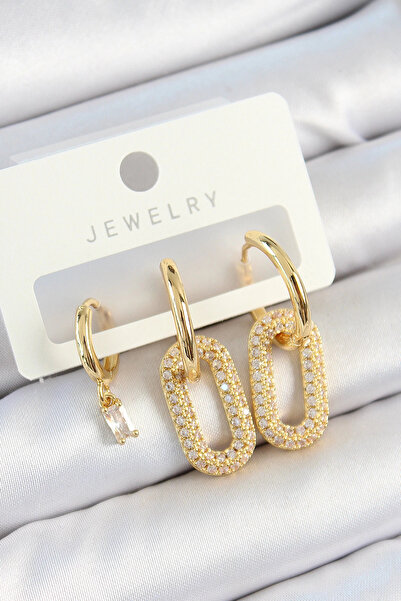 Skygo Brass Zircon Stone Rectangular Model Gold Color 3-Piece Double Women's Earring Set