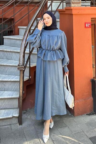 lamelif Drawstring Detailed Hijab Two-Piece Set Indigo