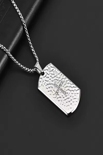 OEM Men's necklace, silver plate with transparent rhinestones in the shape of a stainless steel cross