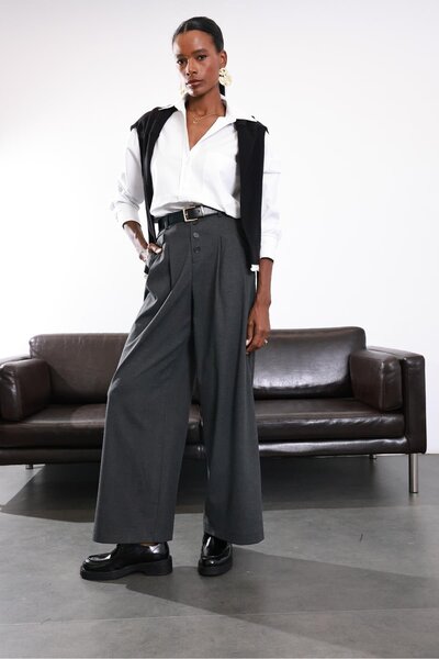 5in1Canpolat Anthracite Button Detailed Masculine Trousers 1593