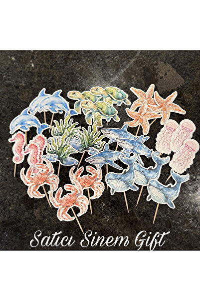 Sinem Gift 12 Adet Deniz Hayvanları Konseptli Pasta Süsü - Cupcake Pasta Süsü...