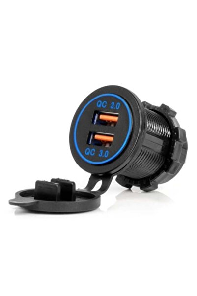 DELUXETUNING Încărcător de telefon impermeabil cu lumină LED albastră, 2 x USB QC 3.0 12/24 V