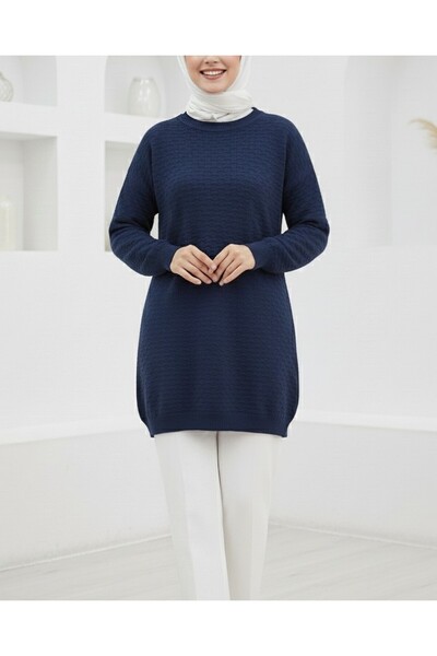 Modamorfo Round Neck Embossed Pattern Sleeve Elastic Knit Tunic - Navy