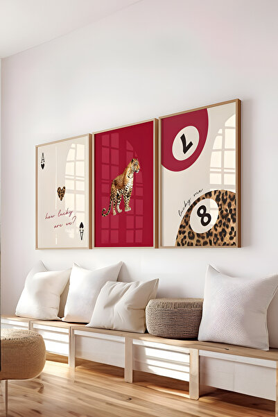 Posteria Kırmızı Leopar Çita Desenli 3'lü Set, Çerçevesiz Poster seti Oturma ...