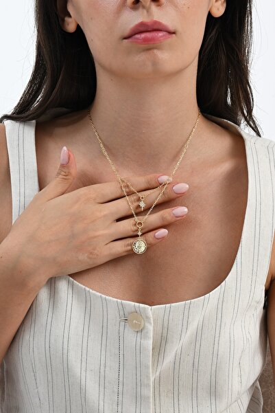 Söğütlü Silver 925 ayar gümüş altın yaldızlı zirkon taşlı pusula yıldızı gümüş kolye SGTL13093GOLD