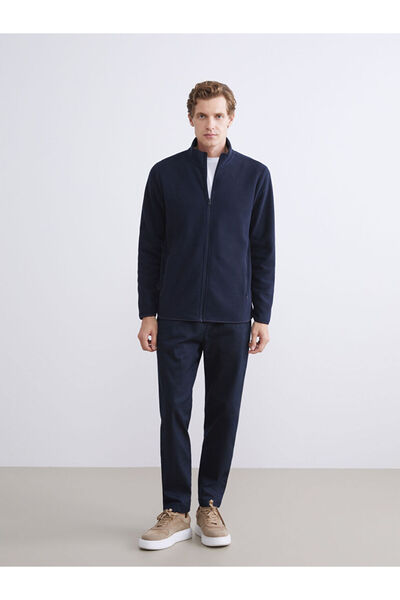 LC Waikiki Navy Blue Stand Collar Long Sleeve Fleece Men's Zippered Sweatshirt