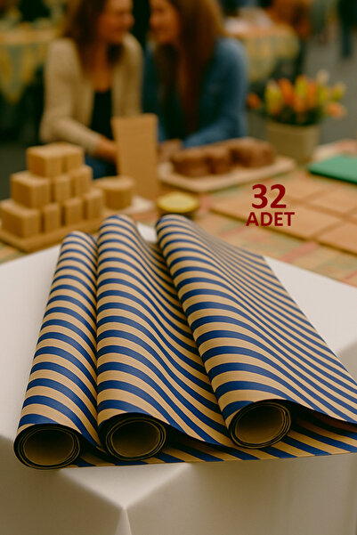 OLİ Art Kraft Navy Blue Ribbon Line Wrapping Paper 33 Pieces 70X100Cm Gift Packaging Gift Paper