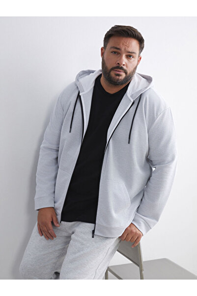 LC Waikiki Gray Plus Size Basic Hooded Men's Zippered Sweatshirt