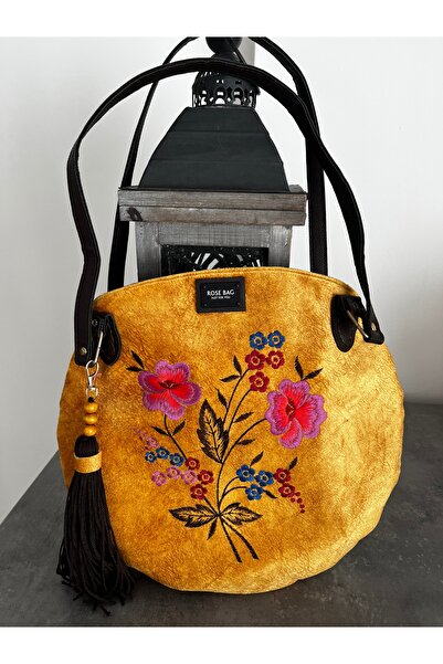 GÜLHOBY Flower Embroidered Nubuck Fabric Bag Round Bag with Shoulder Strap