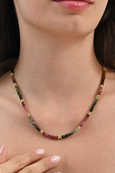 Söğütlü Silver 925 Ayar gümüş altın yaldızlı turmalin doğal taşlı dizi kolye SGTL13087RENKLI