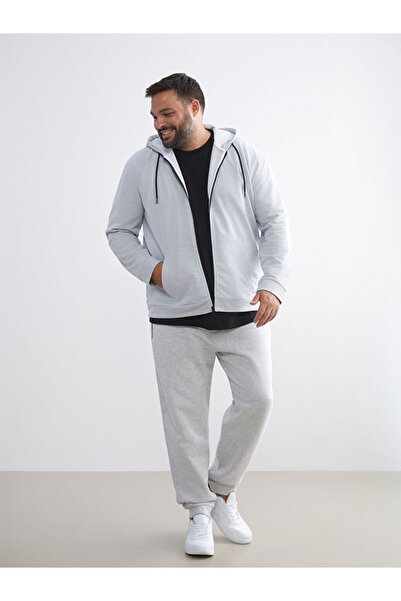 LC Waikiki Gray Plus Size Basic Hooded Men's Zippered Sweatshirt