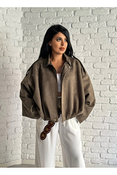 moneta boutique Women's Suede Zippered Bomber Jacket