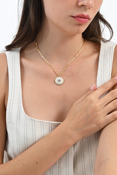 Söğütlü Silver 925 Ayar gümüş altın yaldızlı ve zirkon taşlı koruyucu nazarlı gümüş kolye SGTL13089GOLD