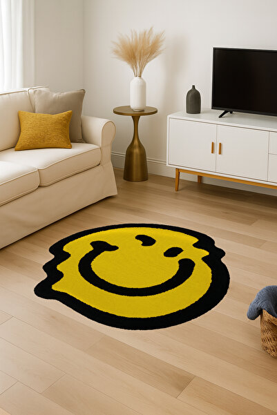 Rugs Modern Halı Mosso Yellow Smiling Face Emoji Patterned Woven Base Modern Decorative Rug Mosso342