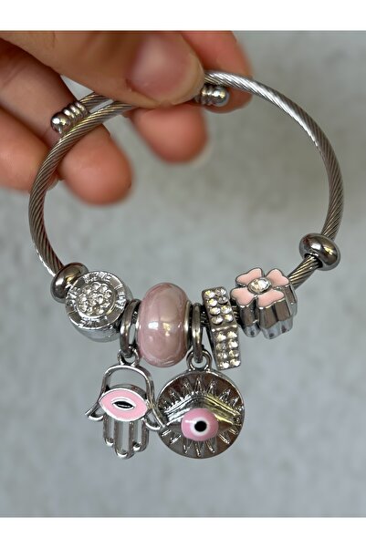 Clariss Pembe Boncuklu Nazar Çiçek Charm Çelik Bileklik