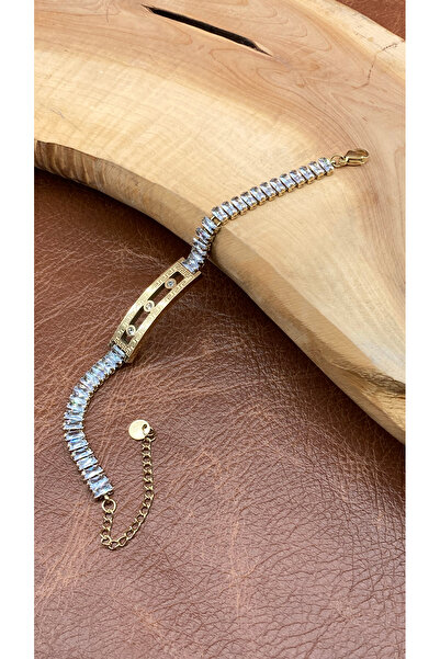 Çelik 18 Ayar Altın Kaplama Fendi Tasarım Baget Zirkon Taşlı Su Yolu Bileklik | Şık ve Zarif