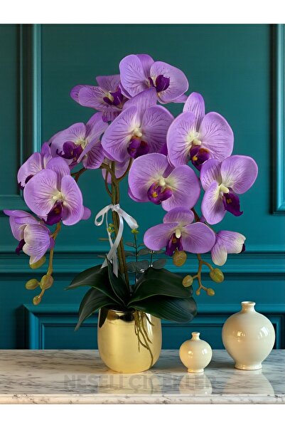 NEŞELİ ÇİÇEKLER Yapay Orkide Premium Kalite Doğal Görünümlü Lüks Gold Metal S...