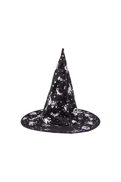 zola Halloween witches hat, black with silver spooky inserts, 38 x 34 cm