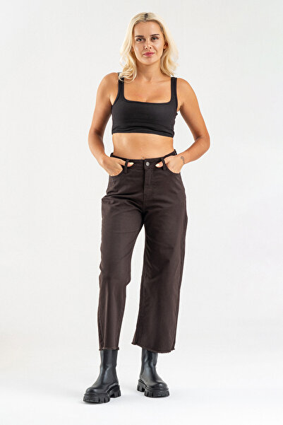 Bold & Young Women's Wide Leg Five Pocket Leg Fringed Lycra Cotton Trousers