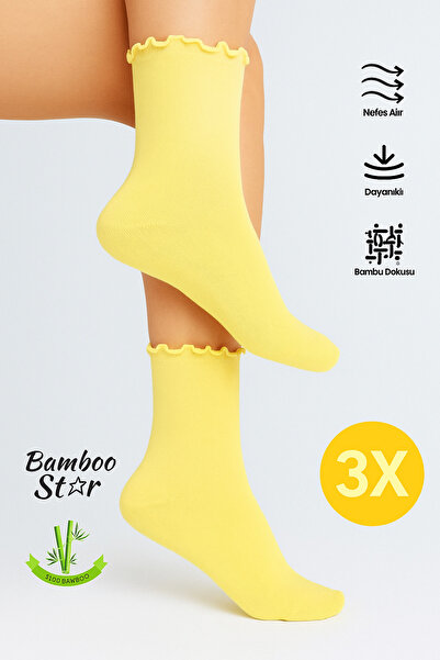 bamboo star Bamboo Women's Yellow Ruffled Elastic Seamless Women's Socks 3-Piece Yellow Socks/No Marking/No Tightening Socks