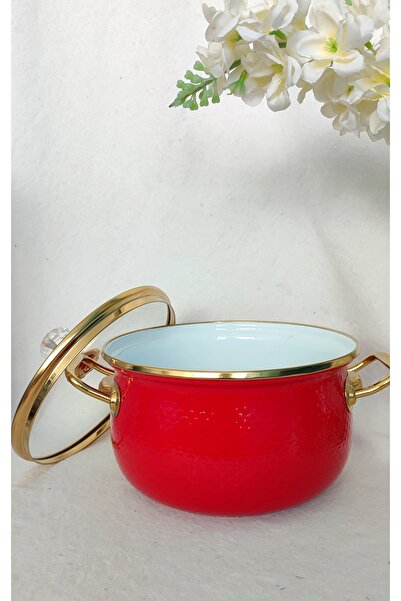 EBRULİEMAYE Red Embossed Small Size Enamel Lux Pot 2 Liters 18 cm Diameter Milk Yogurt Soup Pot