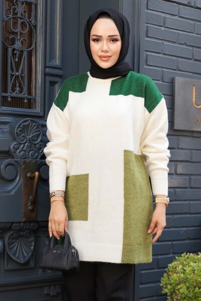N.S NEVA STYLE Color Block Green Hijab Knitwear Sweater Tunic 88101Y