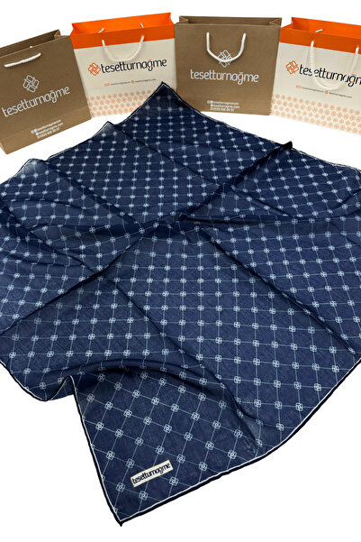 Tesettürnağme Eșarfă din bumbac moale TN2001 Monogram Bleumarin-05