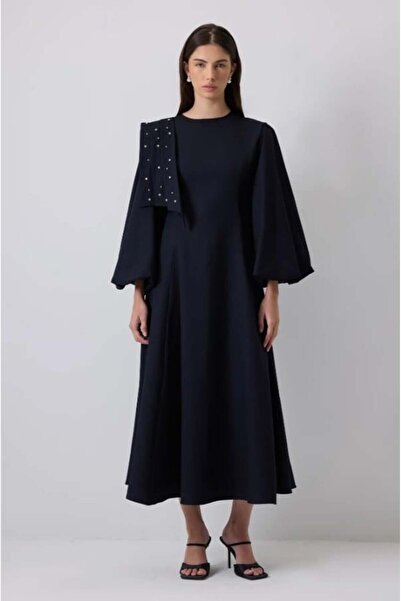 Touche Taş İşlemeli Balon Kollu Elbise Lacivert