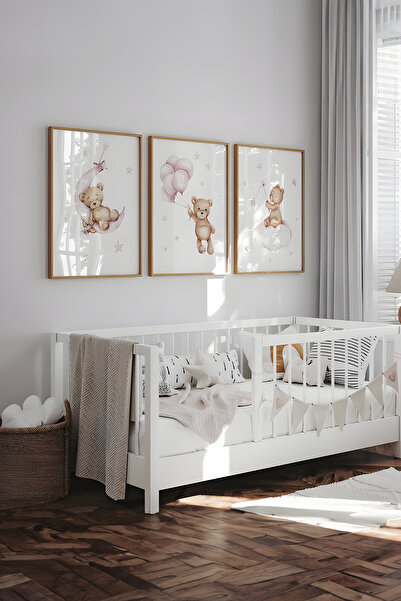 Posteria Teddy Bear Bebek Odası Dekoru, Pudra Pembesi Kız Çocuk Odası, Çerçevesiz Poster seti
