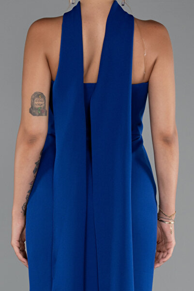 Abiyefon Saks Mavi Straplez Şallı Uzun Balık Abiye Elbise ABU5282