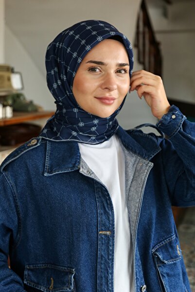 Tesettürnağme Soft Cotton Scarf Tn2001 Monogram Navy Blue-05