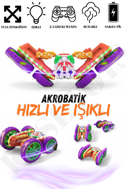 kosetoys Uzaktan Kumandalı Araba Buhar Atan Şarjlı 2.4GHz Akrobat RC 360° Dönen 4x4 Ledli