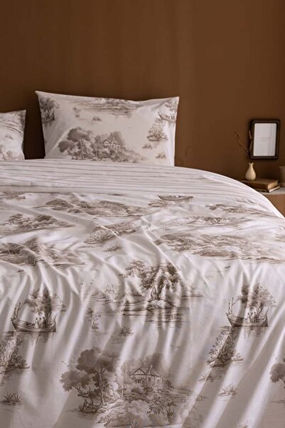 Madame Coco New Season Bonneville Single 100% Cotton Ranforce Printed Duvet Cover Set - Beige