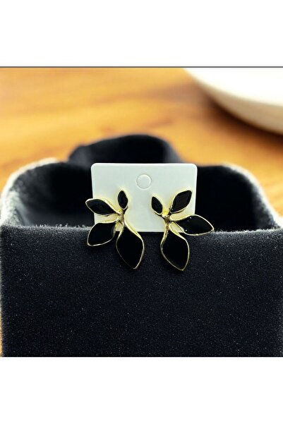 Candy Nuveria Siyah Mineli Altın Kaplama Yaprak Küpe