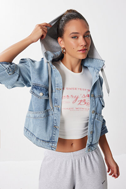 Lovelyİstanbul Çıkarılabilir Kapüşonlu Denim Ceket LAN0072 AÇIK MAVİ