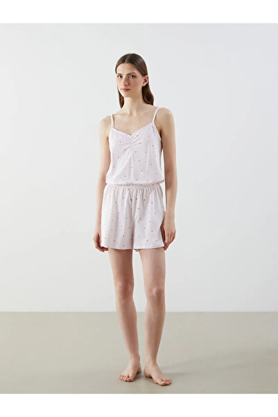 LC Waikiki LCW DREAM Pembe V Yaka Desenli Askılı Kadın Şortlu Tulum Pijama