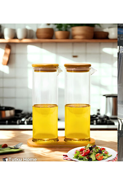 Tutku Home Bambu Kapaklı Vakumlu 2'li Set Cam Yağlık Sirkelik